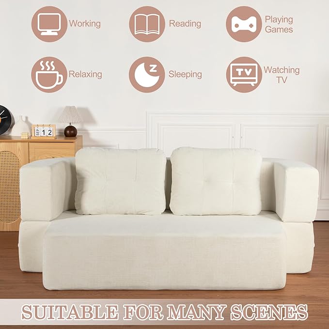 Folding Sofa Bed 78.7 Extra-Long Convertible Sofa Bed with 2 Pillows &amp Blanket 14.6 Thick High-Density Foam Boneless Couch for Bedroom Living Room Apartment Beige