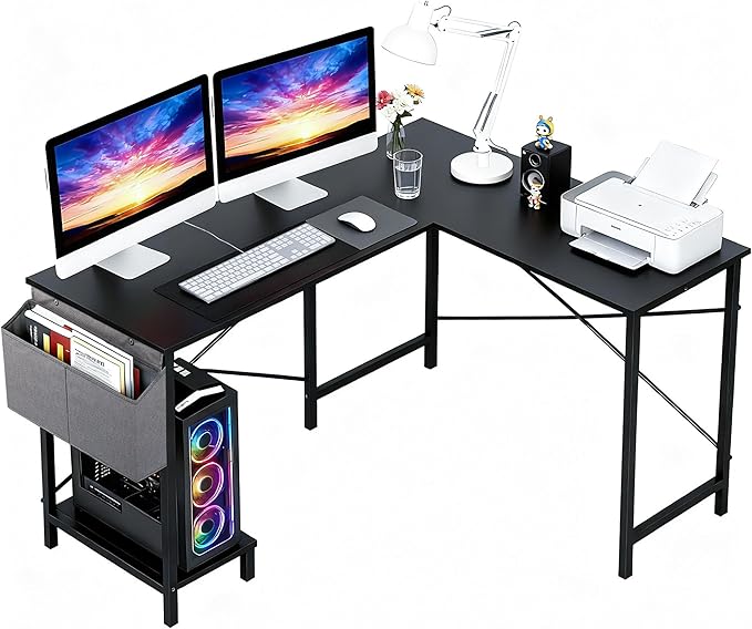 PayLessHere 50 Inch L-Shaped Computer DeskGaming Desk with Durable Metal FrameCorner Desk with Side Storage Bag &amp CPU Stand for Home Office Gaming StudyBlack