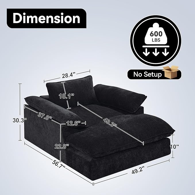 57 Oversized Boneless Chaise Lounge Chair with Ottoman Indoor Comfy Chenille Upholstered Sofa Bed with Armrest No Assembly Deep Seat Sleeper Armchairs Couch for Living Room Bedroom Dark Grey