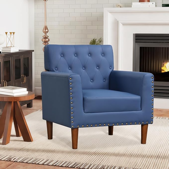 KOMFOTT Mid Century Modern Accent Chair Faux Leather Upholstered Armchair with Button Tufted Decoration &amp Rivets Rubber Wood Legs Soft Padded Seat Cushion Single Sofa for Living Room Home (Bl