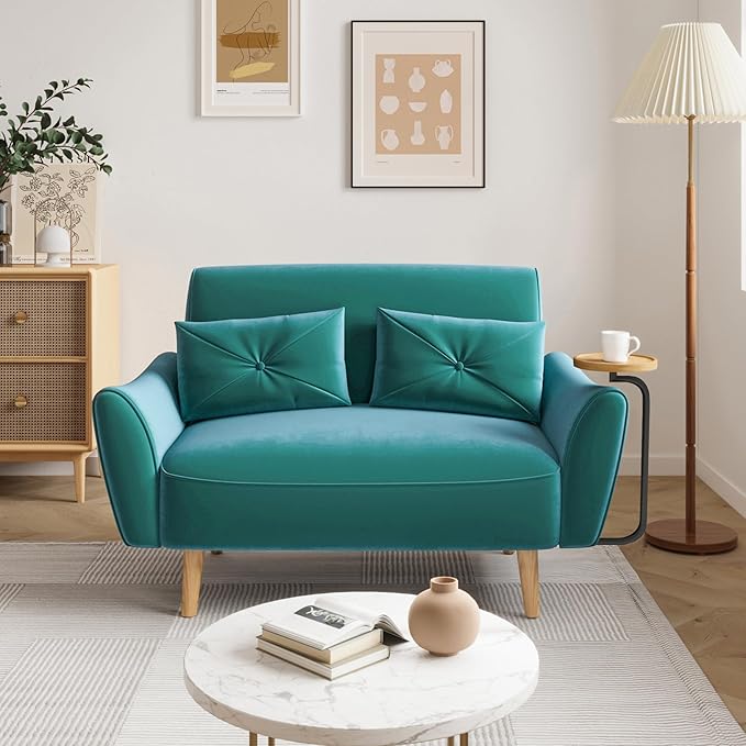 Brelice Loveseat Sofa 47 Velvet Couch for Bedroom Convertible Wooden Tray &amp Ergonomic Armrest for Small Space Apartment Living Room Home Office Easy Assembly Green