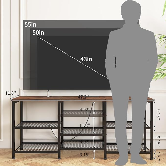 YGEOMER TV Stand for TVs Up to 55 Inches Entertainment Center with Power Outlet and LED Lights Open Storage Shelves TV Media Console Table for Living Room and Bedroom Rustic Brown