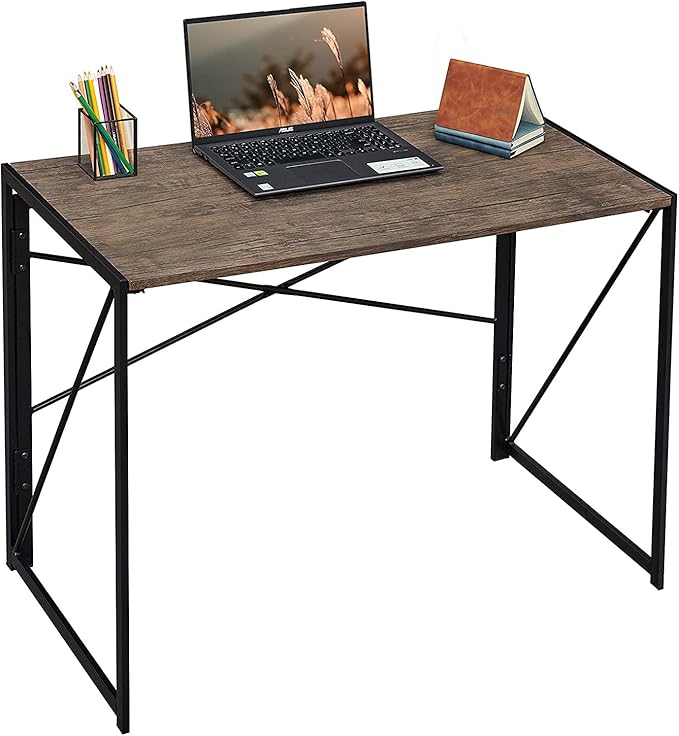 Garden Elements Modern Small Folding Computer Desk Portable Space-Saving Home Office Desk with Sturdy Metal Frame Brown 39