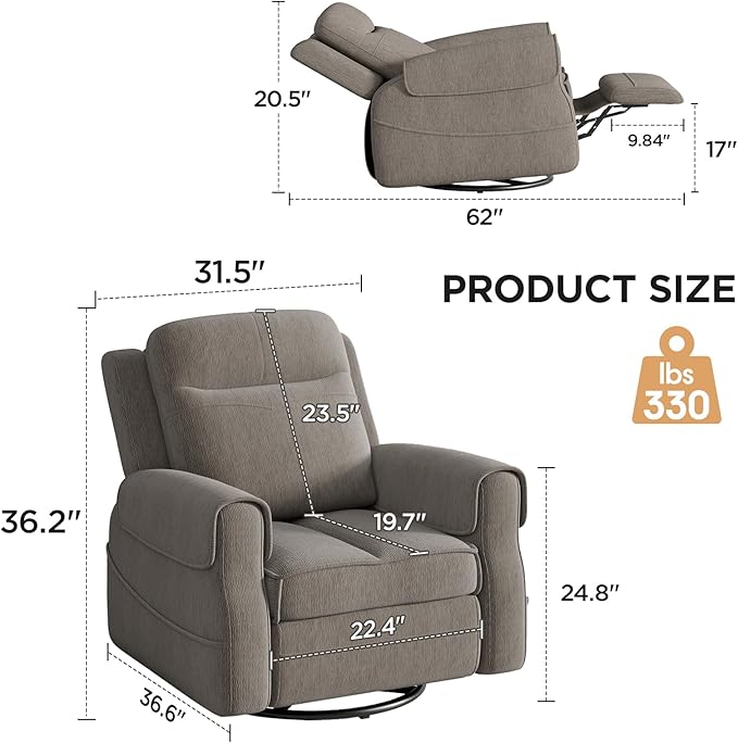 Maupvit Faux Shearling Recliner Chair - 360° Swivel Rocker with Adjustable Footrest and Backrest Plush Upholstered Single Sofa for Small Spaces for Living Room/Nursery/Home Theater (Grey)