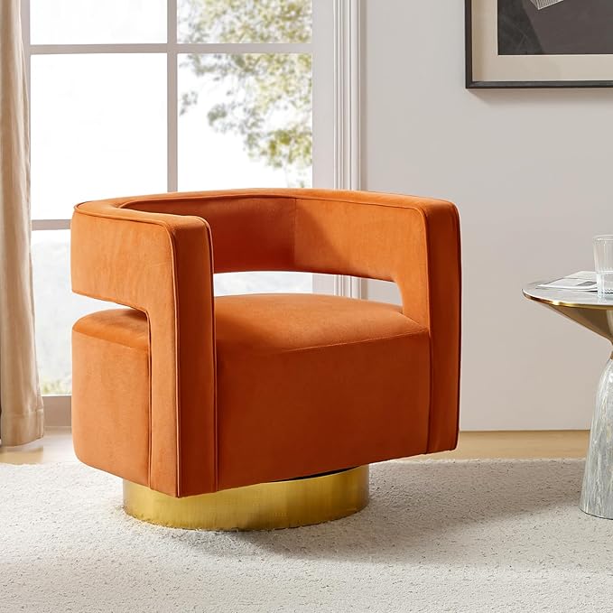 TINA'S HOME Swivel Accent Barrel Chair Modern Velvet Armchair with 3D Curved Open Back &amp Swivel Gold Metal Base Upholstered Club Chair for Living Room Bedroom Nursery Orange(No Assembly Require