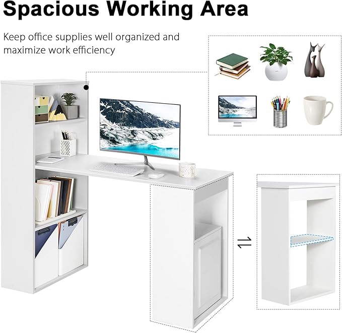 Tangkula White Computer Desk with Bookshelf Writing Study Desk with Storage Shelves &amp CPU Stand Modern Compact Computer Workstation for Home &amp Office Space-Saving Design