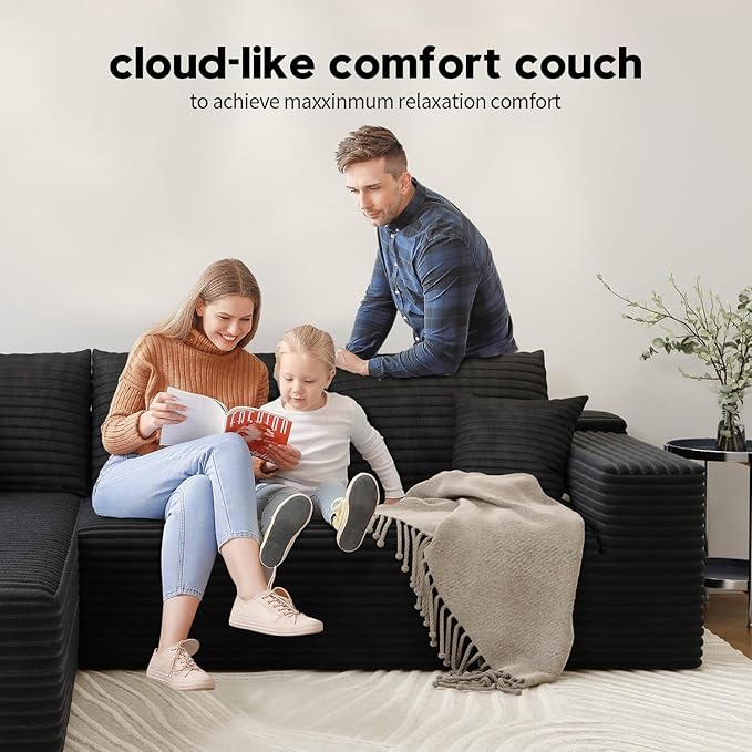 139.4 Modular Sectional Sofa L-Shaped Minimalist Couches with Middle Seat Chaise Modern Deep Seat Convertible Sleeper SofaCloud Plush Corduroy Fabric No Assembly Required 5 Seater Black