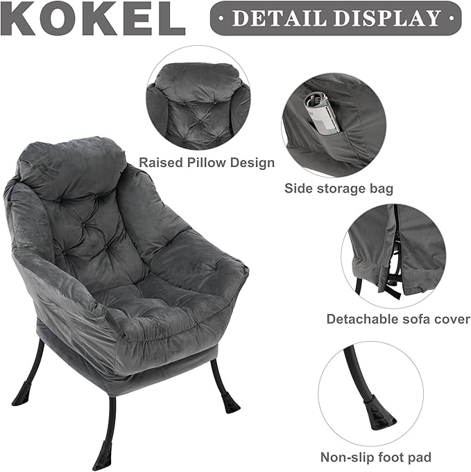 Kokel Lazy Chair with Folding OttomanLiving Room Chairs Accent Contemporary Lounge Chair Single Steel Frame Leisure Sofa Chair with Armrests and A Side Pocket (Dark Gray)