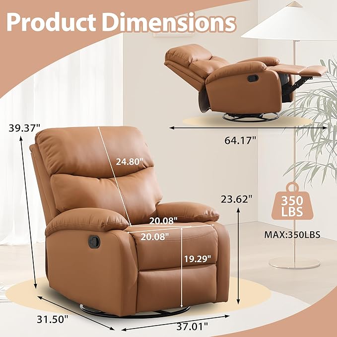 Genuine Leather Rocker Recliner Modern Manual Swivel Glider Recliner with Adjustable Backrest &amp Footrest Wall Hugger Swivel Rocking Recliner Chair for Modern Living Room and RV Warm Brown
