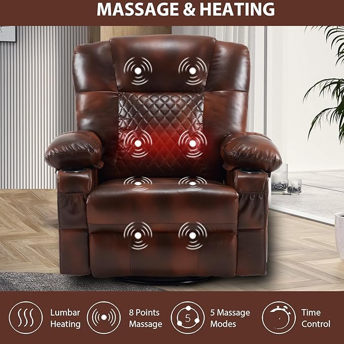 Faux Leather Swivel Rocker Recliner with Heat and Massage Cup Holders Overstuffed Rocking Glider Chair Heated Massaging Reclining Chair Brown