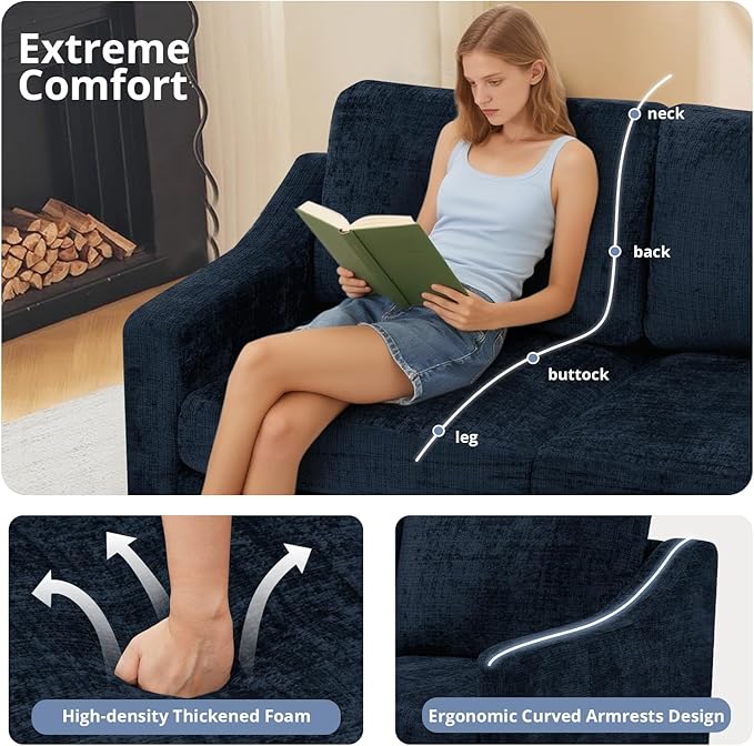67” Chenille 2-Seat Sofa w/Comfortable Back Cushions Modern Love Seat w/Deep Seat Space Upholstered 2 Seater Couch w/High Resiliency Foam for Living Room Office Blue