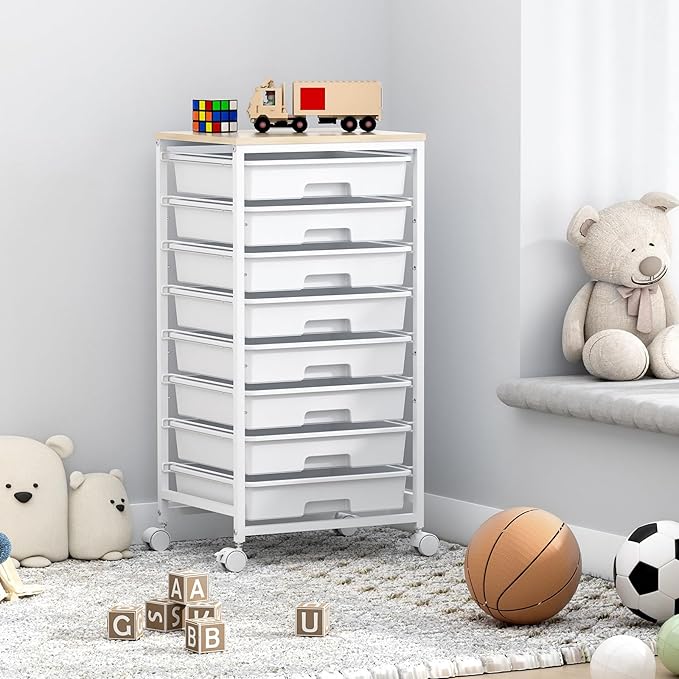 Rolling Storage Cart with DrawersUtility Cart With 8 Drawers and Wooden TabletopRolling Drawer CartStorage Drawer Cart for Living RoomClassroomBedroomBathroomDormOfficeWhite