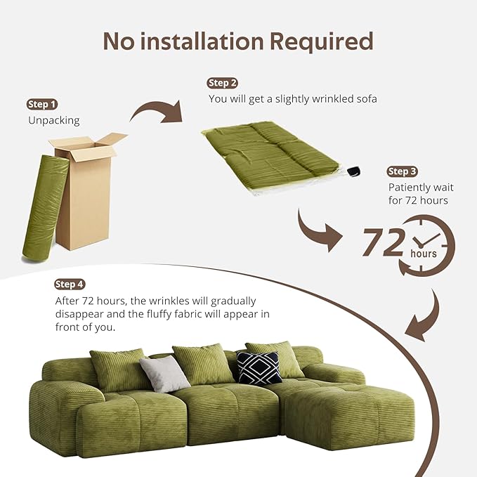 Modern L-Shaped Modular Sectional Sofa for Living RoomOversized 3-Seater Couch with Deep Seat and Movable Ottoman – No AssemblyComfortable Corduroy Fabric Boneless Sofa (Green)