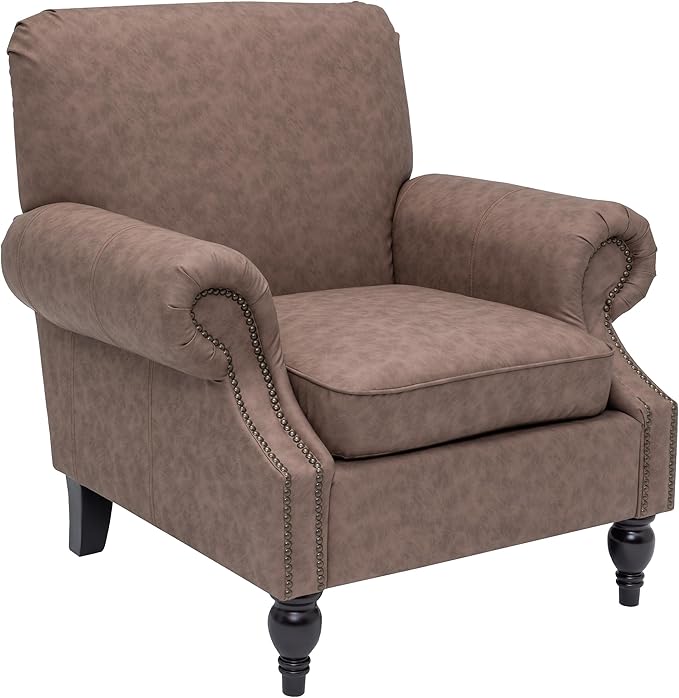 Accent Chair22.4 Seat Depth Armchair with Roll Arms36.6W*34.3D*34.6H Living Room ChairWood LegsSet of 1Faux Leather in Taupe