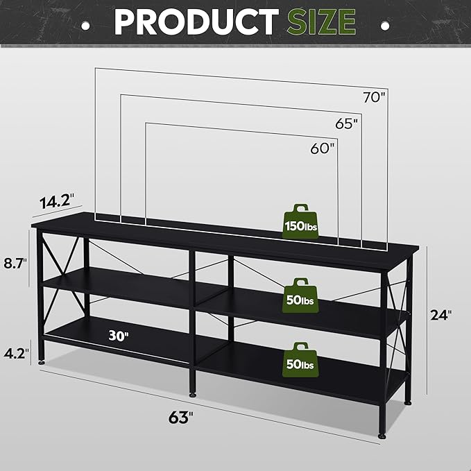 WLIVE TV Stand up to 70 Inch TV 63 Entertainment Center TV Media Console with 3-Tier Storage Shelves for Living Room and Bedroom Black