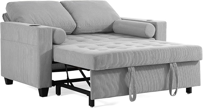 55 Convertible Sofa Bed Comfy Corduroy Sleeper Sofa with Pull-Out Bed 3-in-1 Loveseat Sleeper Sofa Bed with 3-Levels Adjustable Backrest Side Pocket Cup Holder USB for Living RoomLight Gray