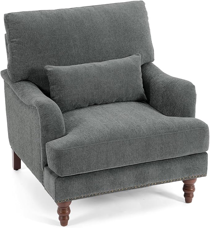 UIXE Accent Chairs Set of 2 Chenille Upholstered Armchair for Living Room Comfy Arm Chair Single Sofa Bedroom Retro Reading Seat with Solid Wood Legs - Gray