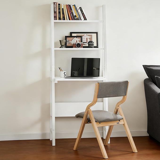 Ladder Desk with Shelves - Compact Slim White Desk with Storage for Small Spaces Modern Home Office Workstation Desk Freestanding Narrow Writing Desk with Open Shelves White FRG60
