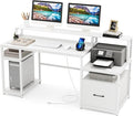 Tangkula Computer Desk with Power Outlets 66” Computer Workstation with Monitor Stand CPU Stand Printer Shelf &amp File Drawer Writing Table Gaming Desk for Home Office (White)