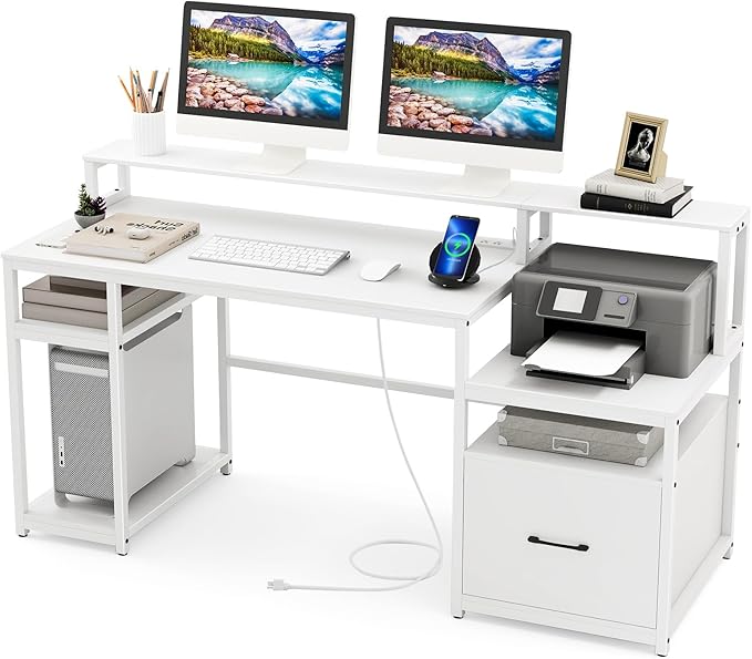 Tangkula Computer Desk with Power Outlets 66” Computer Workstation with Monitor Stand CPU Stand Printer Shelf &amp File Drawer Writing Table Gaming Desk for Home Office (White)