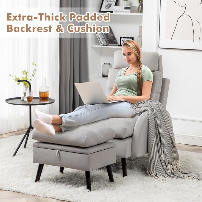 Accent Chair with Ottoman Comfy Reading Chair with Ottoman Set Modern Oversized Velvet Lounge Armchair with Adjustable Backrest for Living Room Bedroom (Grey)