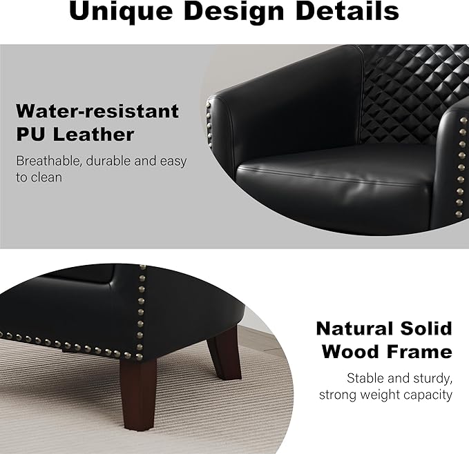 Accent Barrel Chair Upholstered Faux Leather Club Chair with Nailed Trim Comfy Reading Armchair for Living Room Bedroom Reception Room Office (Black Set of 1)