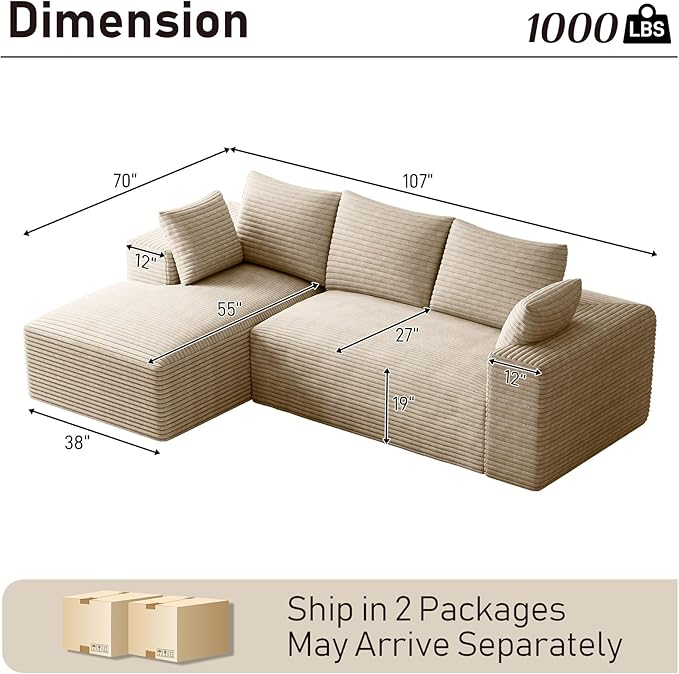 Modular Sectional Sofa Cloud Couch 107 Comfy L Shaped Sectional Couches for Living Room Modern Deep Seat Cozy Fluffy Corduroy Boneless Couch Sectionals Sofa with Chaise (Left Facing Beige)