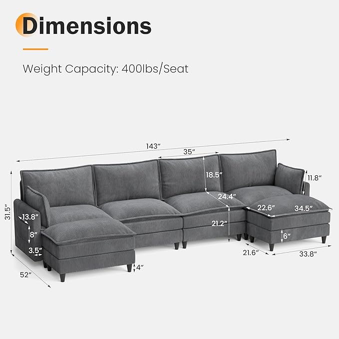 Apicizon 143 Cloud Couch Sectional 4-Seat Deep Sofa Couch with Ottoman Modern U Shape Sectional Cloud Sofa Corduroy for Living Room Apartment Office Grey