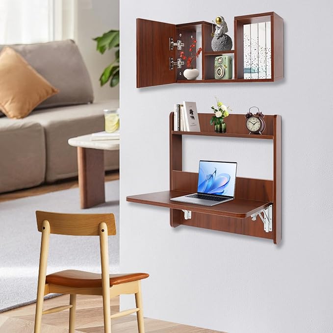 LOYALHEARTDY Wall-Mounted Computer Desk Floating Office Desk with Foldable Tabletop Fold-Up Desktop Writing Desks with Shelves &amp Storage for Home Office and Study Small Spaces (Walnut)