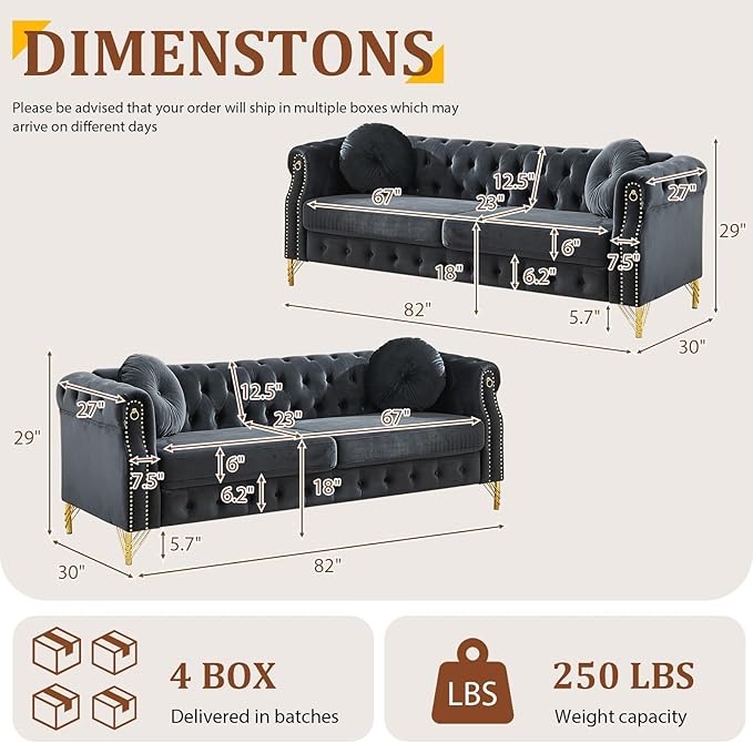 Chesterfield Velvet Button Tufted Sofa 2-Pieces 82 inch Modern 6-Deep Seater Couch Retro Style Upholstered Comfy Loveseat Sofa for Living Room Bedroom Apartment Office Black