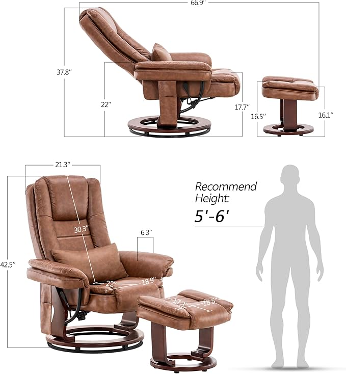 MCombo Swivel Recliner with Ottoman Chair TV Chair Sets with Vibration Massage for Small Space Living Room Bedroom 9096 9099 (Faux Leather Saddle)