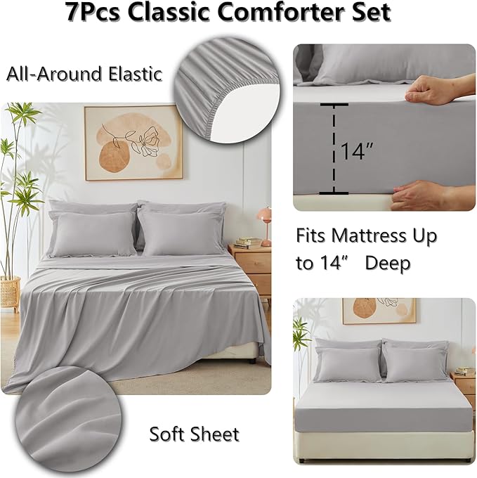 CozyLux Queen Comforter Set French Grey - Bed in a Bag Queen Size 7 Pieces Luxury Soft Bed Set for All Seasons Bedding Set with Down Alternative Comforter Sheets Pillowcases &amp Shams