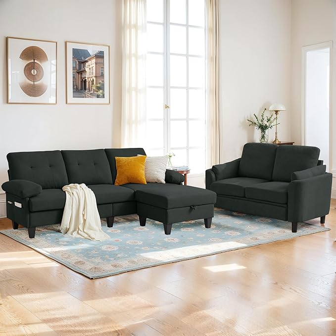 5 Seat Sectional Sofa Set for Living Room Set 2 PCS Modern Couch Set 84 Width 3 Seat Couch &amp Loveseat with Ottoman and Thick Cushion(3+2 Seat/Black)