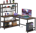 LITTLE TREE L-Shaped Computer Desk 55 Inch Reversible Office Desk Study Writing Table with Wireless Charging and Bookshelf for Home Office Brown