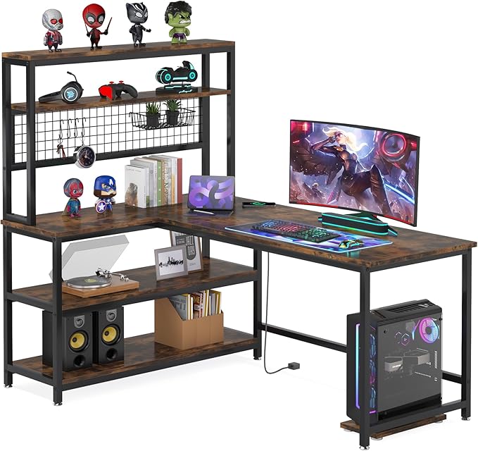 LITTLE TREE L-Shaped Computer Desk 55 Inch Reversible Office Desk Study Writing Table with Wireless Charging and Bookshelf for Home Office Brown