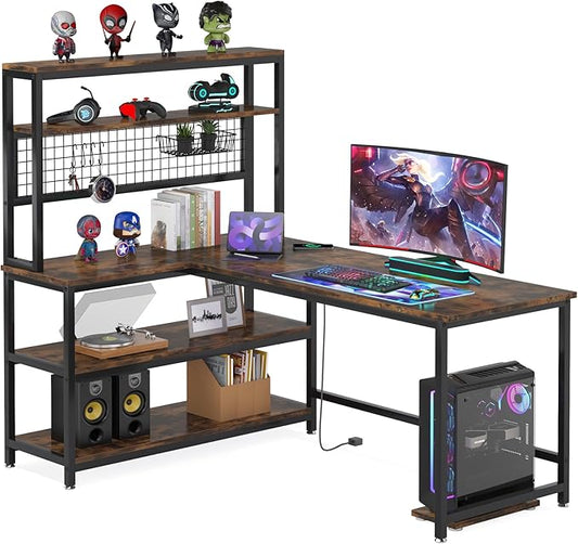 LITTLE TREE L-Shaped Computer Desk 55 Inch Reversible Office Desk Study Writing Table with Wireless Charging and Bookshelf for Home Office Brown
