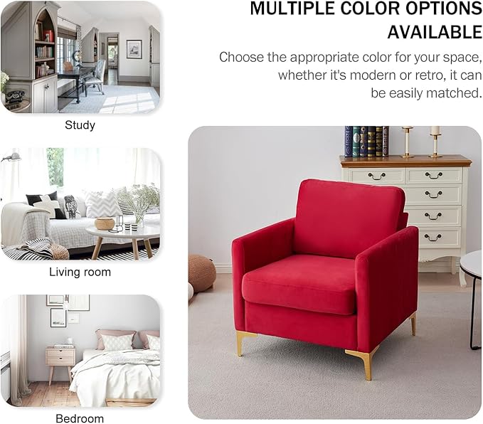 Kiztir Mid-Century Modern Velvet Accent Chair Comfy Upholstered Armchair for Living Room Bedroom Office Studio Lounge (RED)