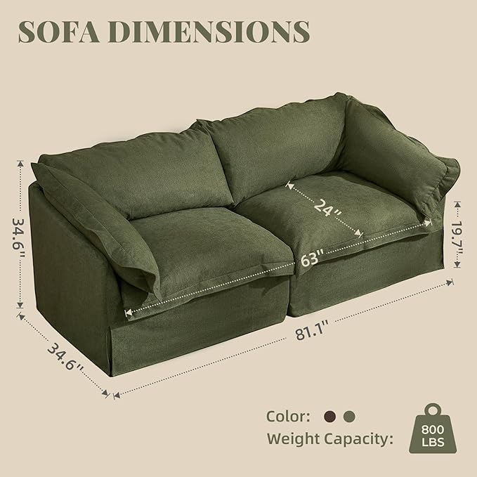 81'' Retro Sofa Couch with Storage 2-Seater Cozy Sofa for Living Room French Country Couch with Removable Washable Cover Green