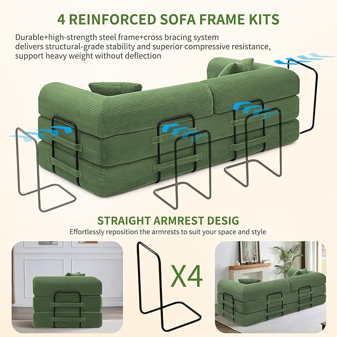 Convertible Sleeper Sofa Bed 1600lbs Weight Capacity Floor Sofa Bed with Fixed-Shape Frame Corduroy Foldable Couch for Small Space Lounge Mattress for Living Room Apartment Game Room (Dark Green)