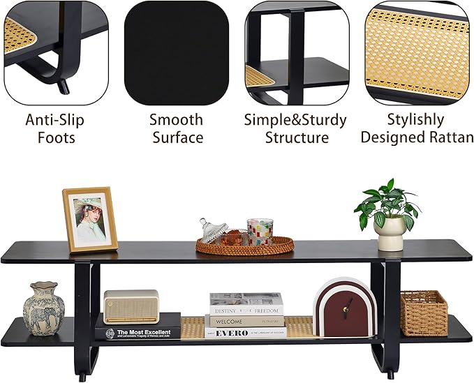 Bamboo TV Stand for TVs up to 65 Accent Entertainment Center with Storage Media Console Table with Shelf Modern TV Stand for Living Room Bedroom 54.3(L) Black