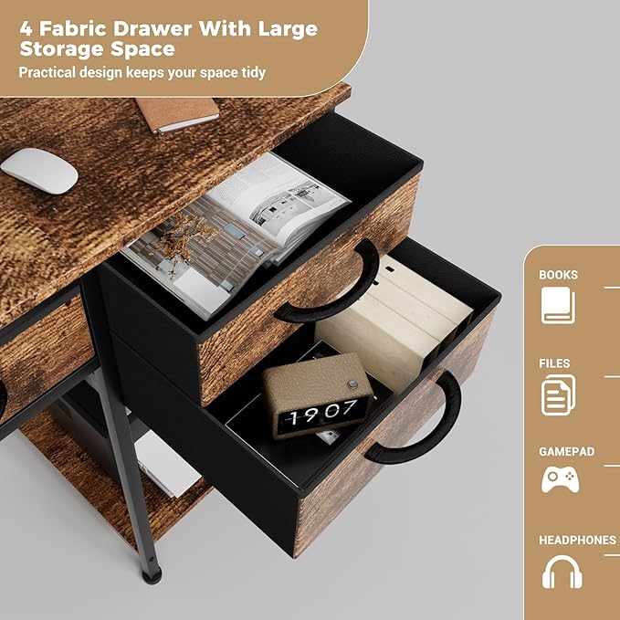 Office Gaming Desk with Drawers &amp Large Storage Shelf Modern Work Desk for Home Office Rustic Brown