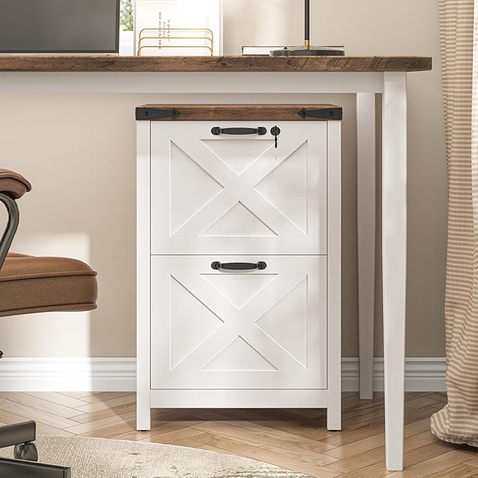 2 Drawer Small File Cabinet with Lock Farmhouse Vertical Filing Cabinet Fits Letter and A4 Size Under Desk Wooden File Cabinets for Home Office Printer Stand Rustic White