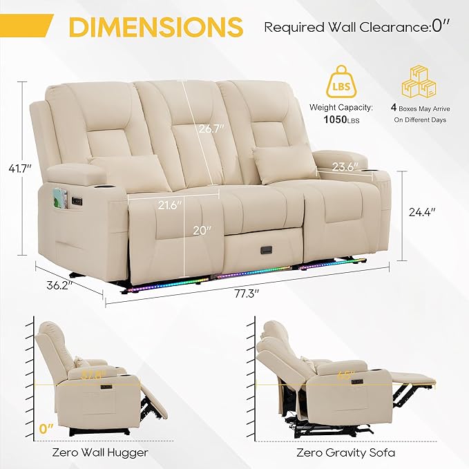 IPKIG Power Recliner Loveseat with Flip Middle Backrest Zero Wall Hugger Sofa Couch Faux Leather 3-Seater Sofa with LED Lights AC Outlets USB Ports Cup Holders Beige | Storage Drawer Electric C
