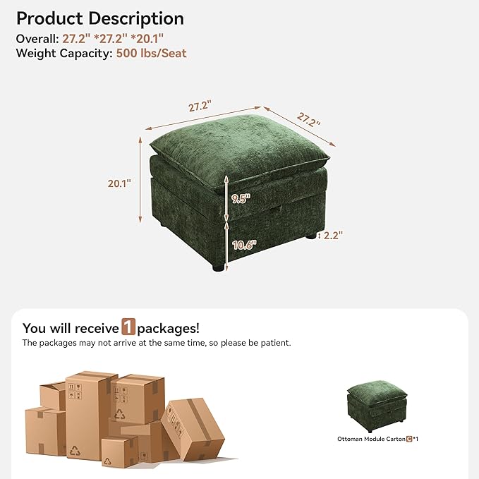 27 Large Square Ottoman with Storage Modern Upholstered Footrest with Anti-Slip Legs for Couch Coffee Table Living Room Bedroom Entryway Chenille Green
