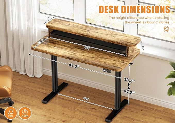 Flycity Electric Standing Desk with Dual Monitor Stand Height Adjustable Desk Sit Stand Desk with Memory Controller Casters &amp 2 Hooks Low Noise Home Office Desk (Rustic Brown 48 x 24)