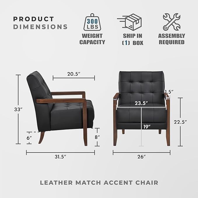 Lexicon Modern Accent Chair Luxury Genuine Leather Match Living Room Chair with Tufted Cushions Solid Wood Frame and Arm Rest Comfy Upholstered Single Seat for Bedroom/Reading/Office Black