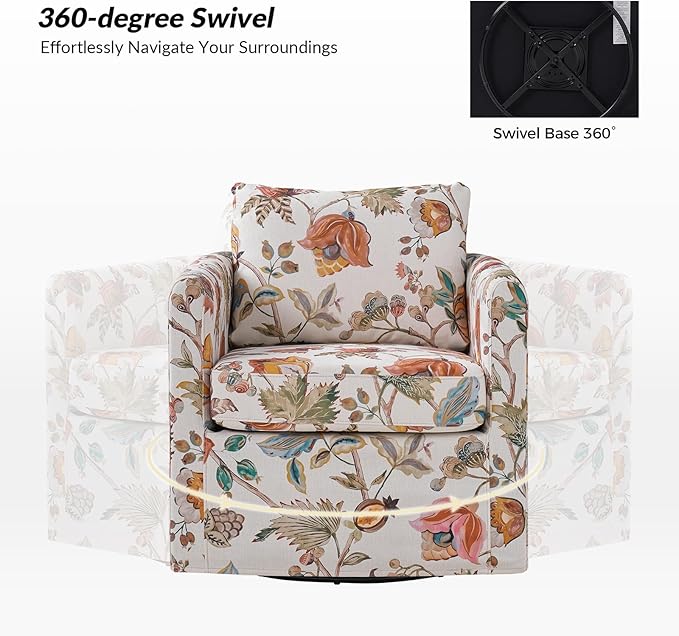 HULALA HOME Swivel Accent Chairs Set of 2 with Removable Cover Floral 360-degree Swivel Barrel Chairs Upholstered with Reversible Seat Cushion for Living Room Floral