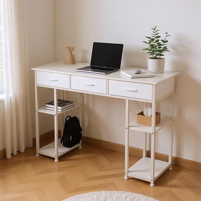 FAHKNS 47 Inch Computer Desk with 3 Fabric Drawers Small Computer Table with 4 Storage Shelves Minimalist Style Home Office Desk for Working Studying and Writing White