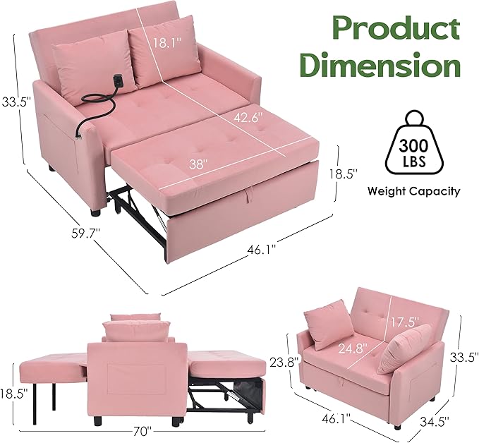 3 in 1 Convertible Pull Out Sleeper Couch Sofa Bed Small Loveseat Futon Bed 46 Velvet Love Seat with Pillow and Phone Holder for Living Room Pink