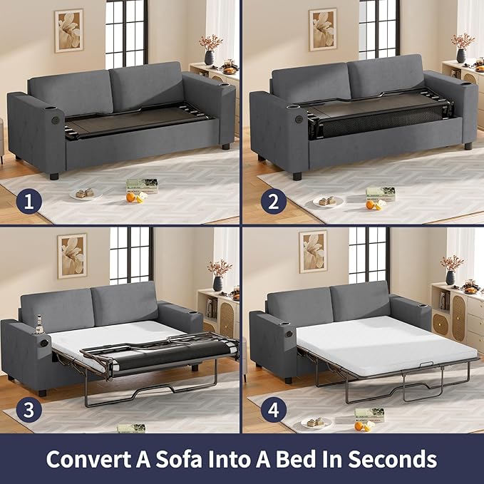 80'' Pull Out Sofa Bed 2 in 1 Sleeper Sofa with Cup Holder &amp USB Charging Ports Queen Size Guest Bed with Memory Foam Mattress Convertible Couch for Small Spaces - Dark Grey